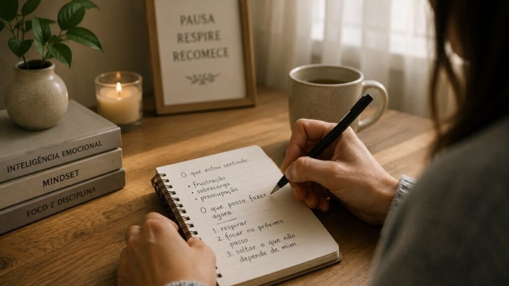 Pessoa escrevendo em um caderno pequeno, ambiente calmo, luz suave