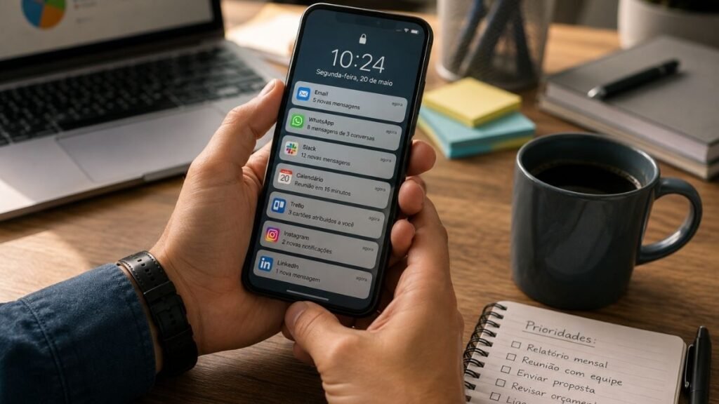Mãos segurando um celular cheio de notificações, com xícara de café ao lado