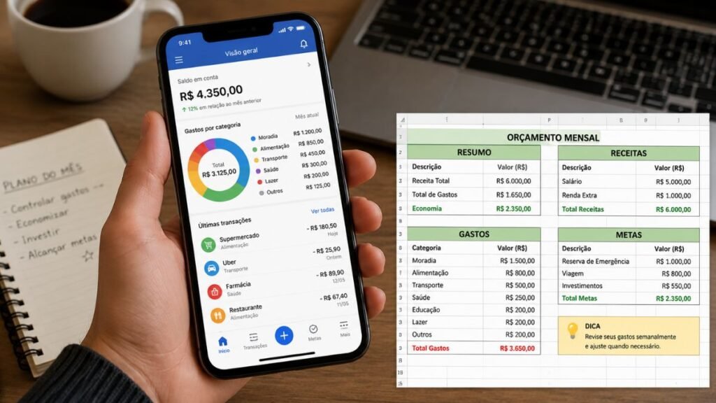 smartphone mostrando um app bancário com categorias de gastos, ou uma planilha simples de orçamento
