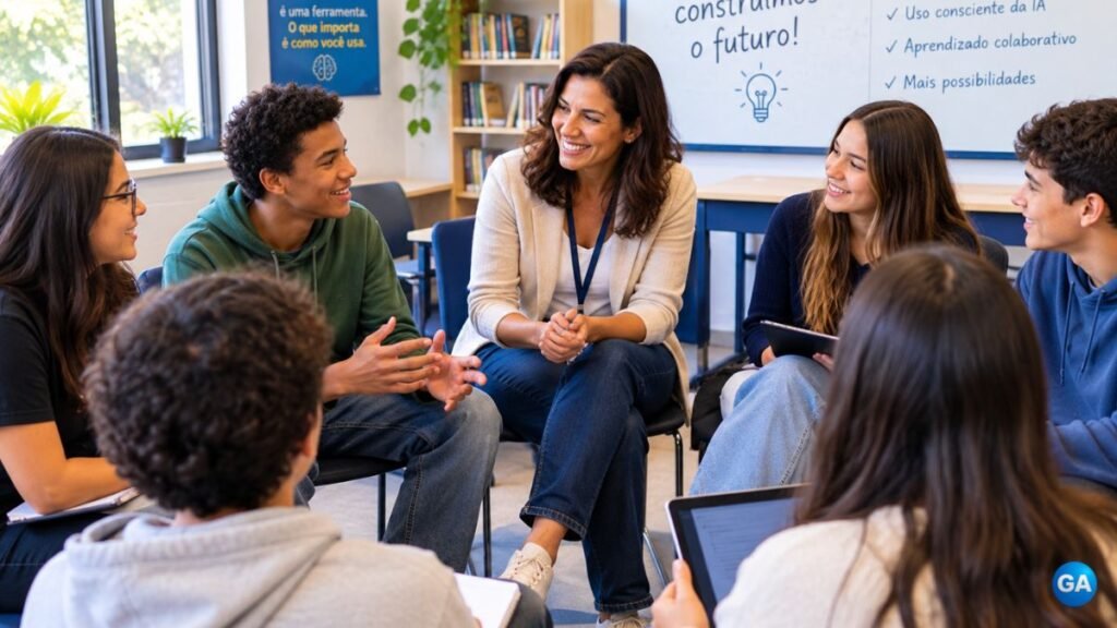 Roda de alunos e professor conversando em círculo, clima colaborativo e descontraído