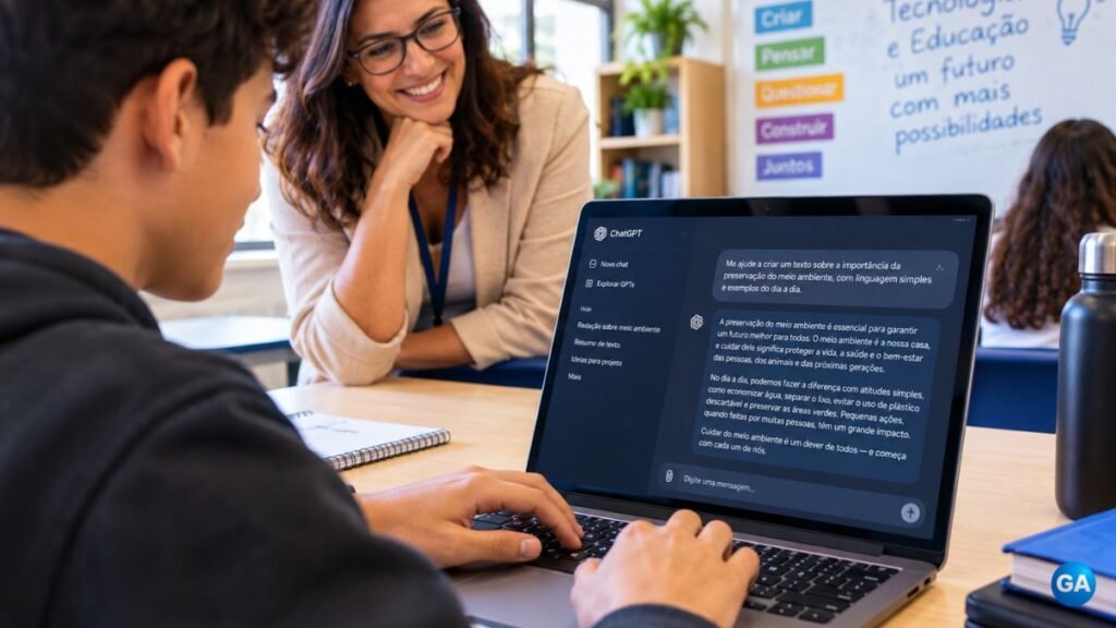 Mãos de um aluno digitando em notebook com tela de chat de IA, professor observando ao fundo