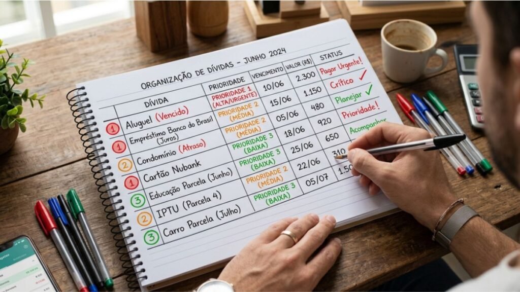 Ilustração de uma tabela ou lista de dívidas sendo organizada por prioridade, com cores indicando urgência