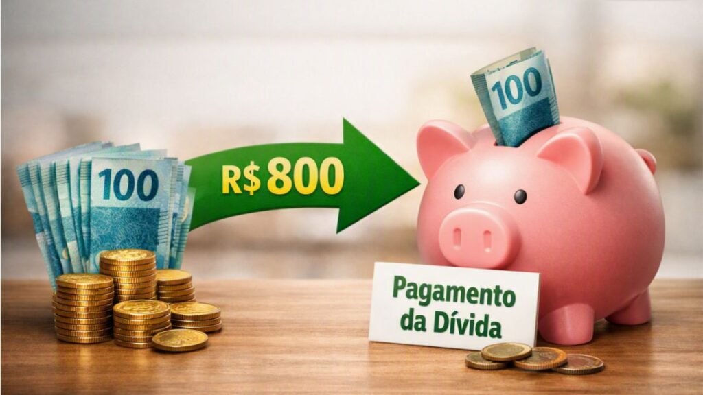 Ilustração de dinheiro extra sendo direcionado com uma seta para um cofrinho de dívida