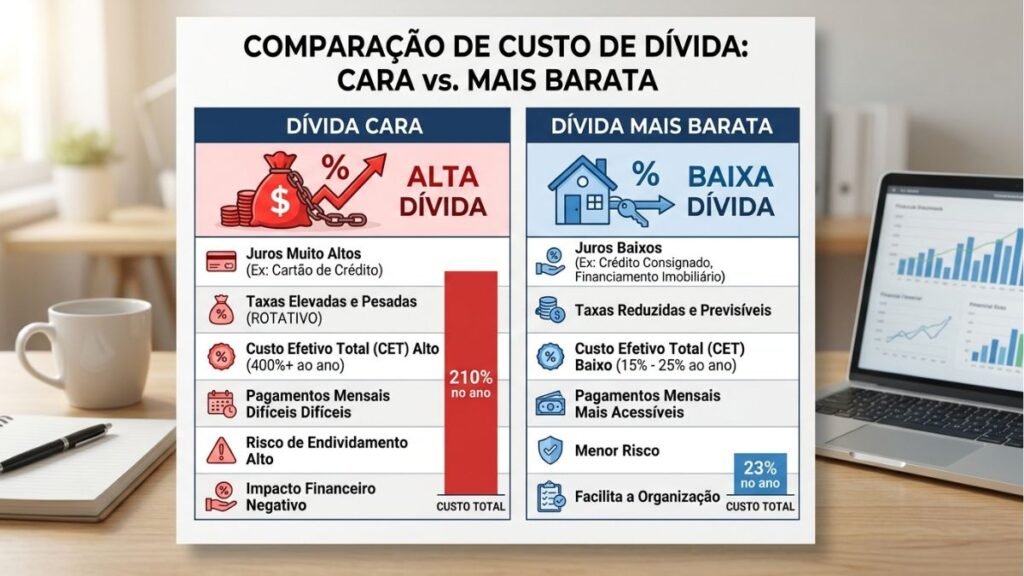 Comparação visual simples entre dívida cara e dívida mais barata, como duas barras ou ícones lado a lado