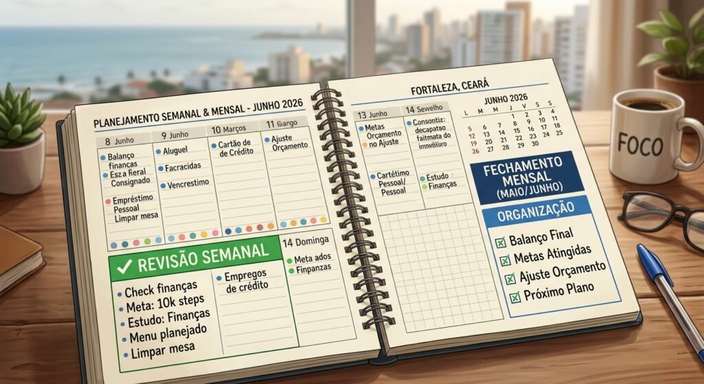 Planner e calendário organizados com rotina de controle financeiro semanal e mensal