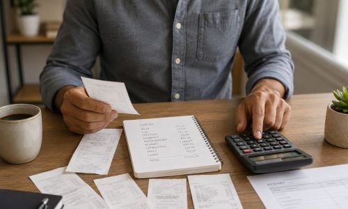 Pessoa organizando papéis e calculadora para planejamento de orçamento familiar do zero.