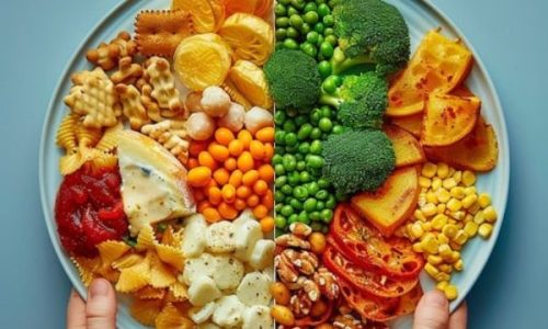 Mãos segurando um prato repleto de alimentos coloridos e nutritivos — legumes, grãos, leguminosas, todos harmoniosamente distribuídos sobre um fundo azul claro. A imagem transmite equilíbrio e cuidado na refeição